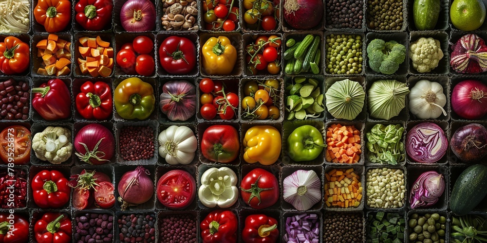 A vibrant assortment of fruits and vegetables in a boxes healthy food concept