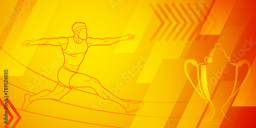 Long jumper themed background in yellow and red tones with abstract lines and dots, with sport symbols such as a male athlete and a cup