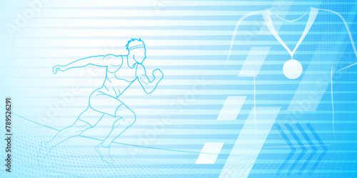 Runner themed background in blue tones with abstract lines and dots, with sport symbols such as a male athlete and a medal