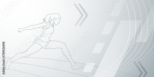 Long jumper themed background in gray tones with abstract lines and dots, with sport symbols such as a female athlete and a running track