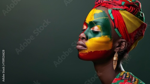 beautiful woman with face painted with the flag of Cameroon on a gray studio background in high resolution and high quality photo