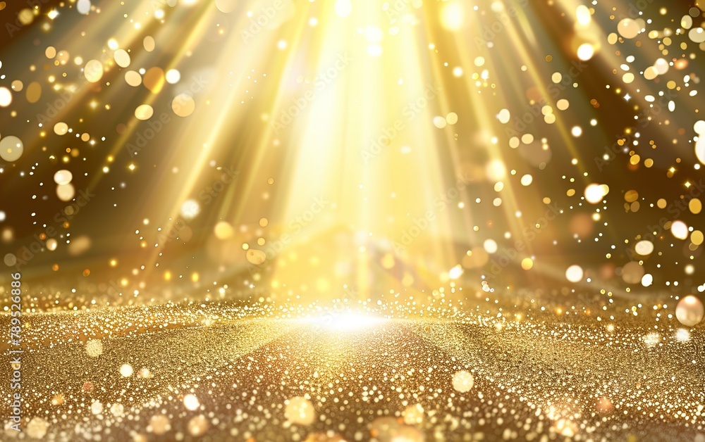 Glittering golden scene with shining rays and sparkling bokeh with shimmering dust. Luxury design for show events, banners or holiday graphics and invitation cards