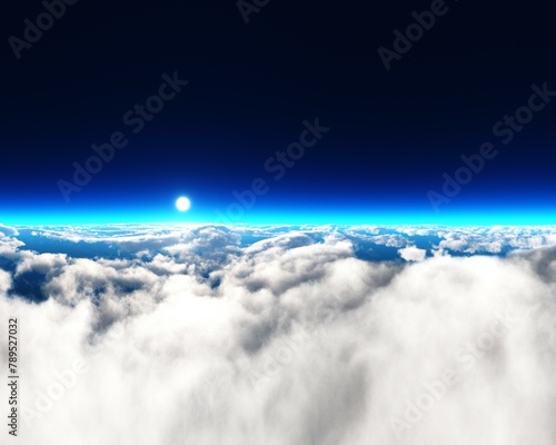 Clouds, panoramic view of clouds from above at sunset, 3D rendering