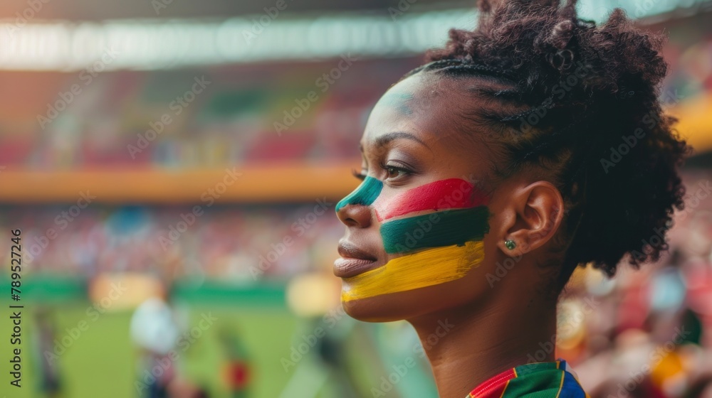 beautiful woman with face painted with the flag of Cameroon in a stadium. Olympic games concept, world sporting event in high resolution and quality