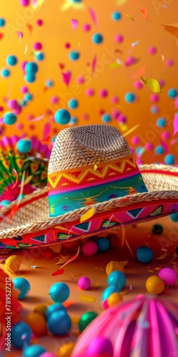 Mexican Sombrero Surrounded by Confetti and Streamers
