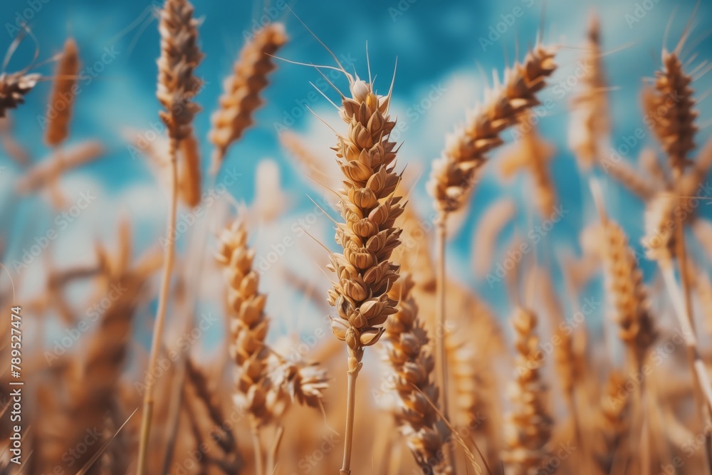 Obraz premium Golden wheat field under blue sky