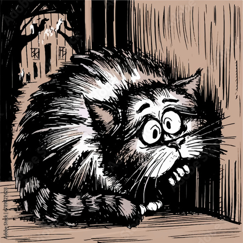 A frightened cat hiding, trembling pitifully in the dark, hand drawn sketch
