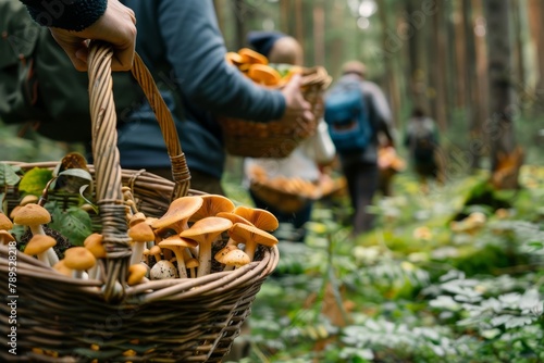 Forest Exploration by Mushroom Gatherers in Autumn photo