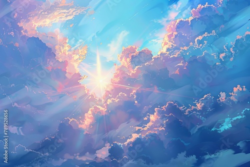 glimmering sunbeams piercing through fluffy clouds in a vivid azure sky digital painting photo