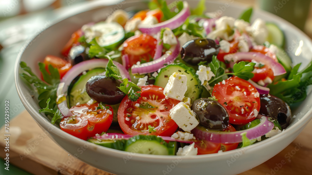 A bowl of Greek salad on a table A bowl of Greek salad on a table