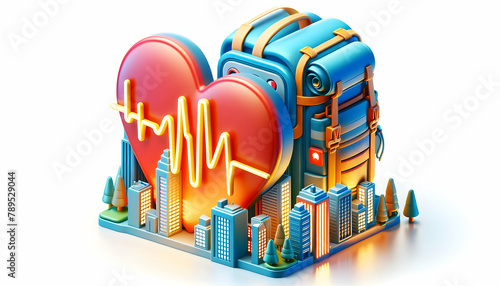 Vibrant Urban Life: Backpacker's Heartbeat Syncs with City Pulse in 3D Icon photo