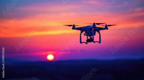 Drone in flight against a colorful sunset sky. Aerial photography concept. © Julia Jones