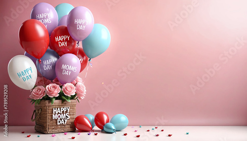 Happy mothers day decoration background with balloon and mom text, copy space photo