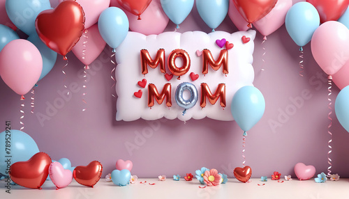 Happy mothers day decoration background with balloon and mom text, copy space photo