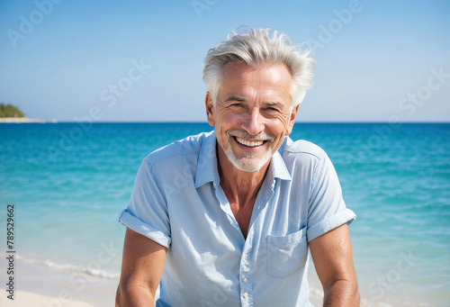 Handsome mature man with fresh stylish hair smiling with clean teeth on a beautiful beach with bright blue sea