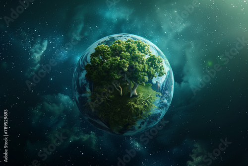 A planet in space. We see a green tree that seems to have grown into the planet. The symbol of ecology