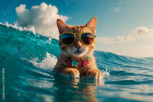Cat in sunglasses, swimming in the ocean, summer vacation concept. Beach mood.