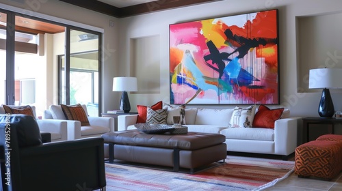 Modern living room interior with abstract painting.