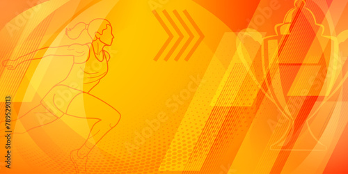 Runner themed background in orange and red tones with abstract curves and dots, with sport symbols such as a female athlete and a cup