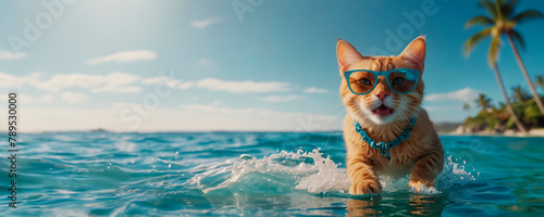 Cat surfing on waves in the ocean, concept of summer vacation in the tropics, copy space.