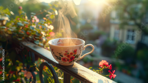 A steaming cup of tea on a railing at sunrise