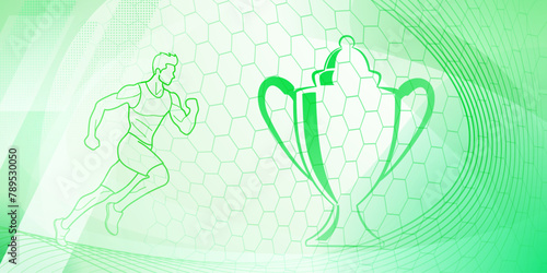 Runner themed background in green tones with abstract curves and mesh, with sport symbols such as a male athlete, running track and a cup