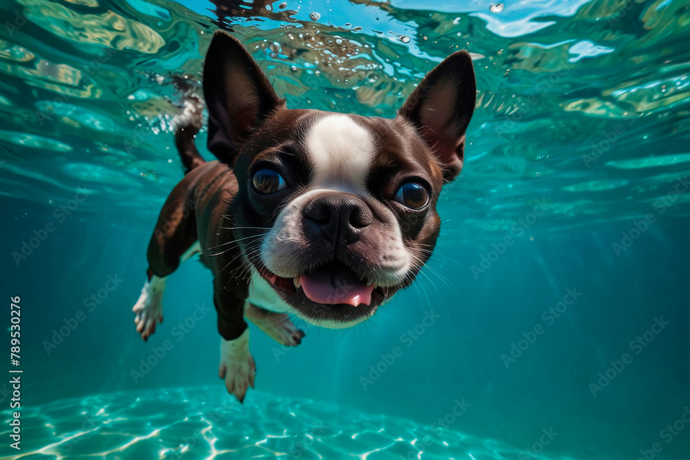 Boston terrier diving underwater, funny dog underwater, summer mood concept, vacation, tropics, ocean.