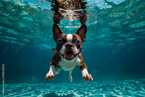 Boston terrier diving underwater, funny dog underwater, summer mood concept, vacation, tropics, ocean.