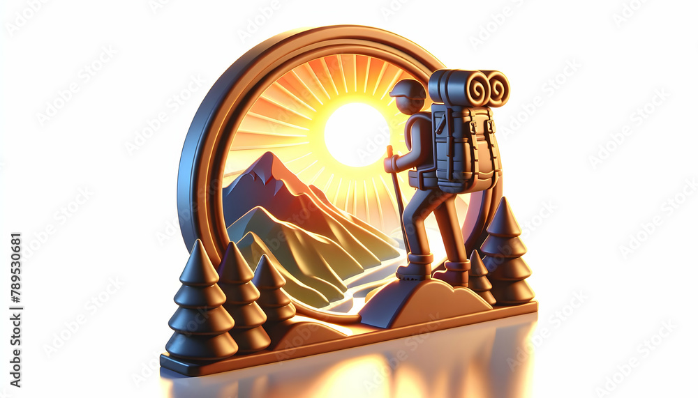 3D Icon: Summit Sunrise - Backpacker Silhouette at Sunrise Over Mountain Summit, Natural Photo Stock Illustrating Construction Concept