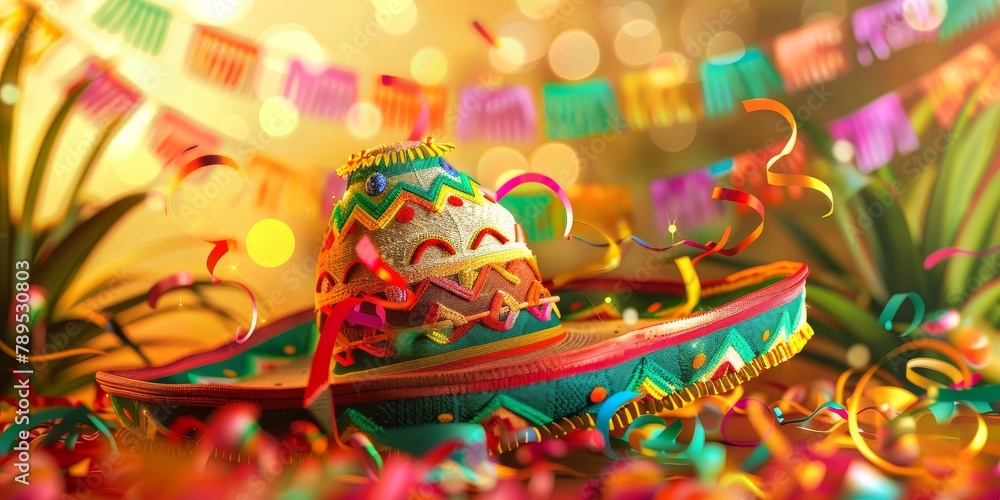 Colorful Mexican Sombrero With Confetti and Streamers