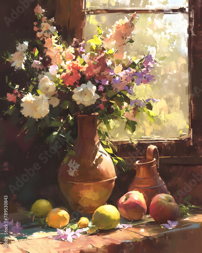 A still life painting of a vase of flowers and fruit on a table by a window. The flowers are mostly white, pink, and purple, and the fruit is mostly green and yellow. The background is a dark wall wit