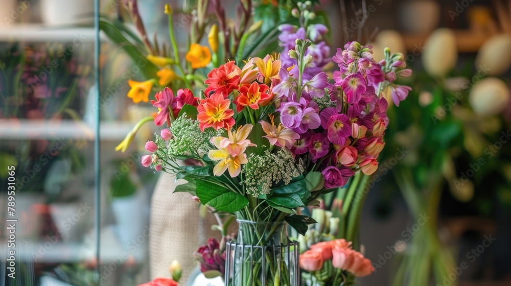 Fresh colorful bouquet of mixed flowers in a glass vase on a wooden table.