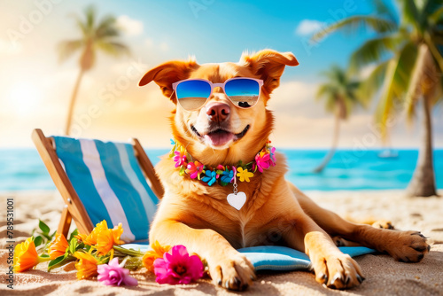 Dog on the sand on tropical beach, summer vacation concept, template, copy space. © Plutmaverick