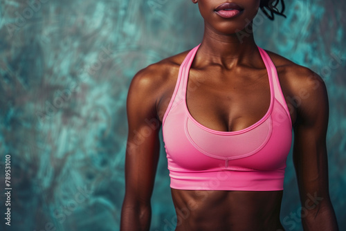 Close up, african american woman, fitness model with well defined muscles in pink sport top. High quality photo