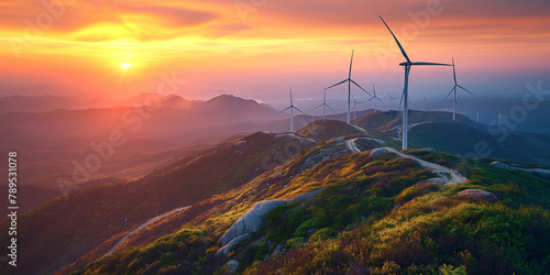 Wind Turbine Windmill, Electricity Generator, Renewable Energy Power Technology Environment Wind Farm at Sunset