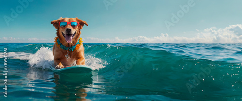 Dog in sunglasses riding the waves, surfing on a board, summer vacation concept, template, copy space.