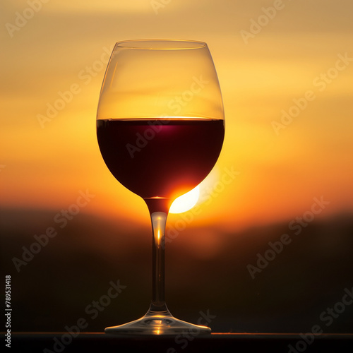 Glass of wine with the setting sun in the background