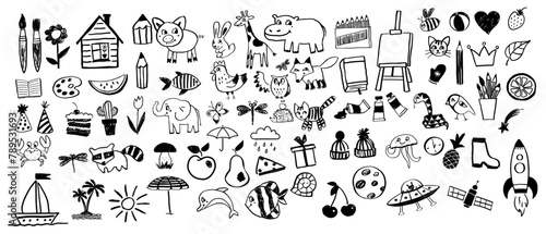 Vector line art child drawings illustration set of cute animals and various object elements