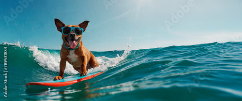 Dog in sunglasses riding the waves, surfing on a board, summer vacation concept, template, copy space.