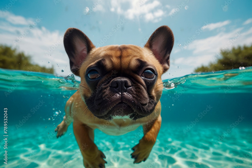 French bulldog diving underwater, funny dog underwater, summer mood concept, vacation, tropics, ocean.