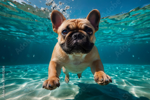 French bulldog diving underwater, funny dog underwater, summer mood concept, vacation, tropics, ocean. © Plutmaverick