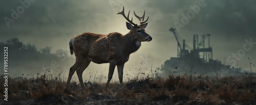 Silent Plea for Environmental Care  Ashen Fauna Deer Grazing in Industrial Ash-Laden Landscape - Double Exposure Close-Up