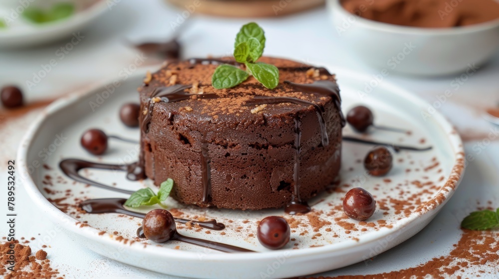 Decadent chocolate mousse cake with chocolate drizzle and mint garnish perfect for dessert menus

