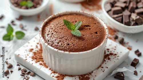 Close-up view of chocolate soufflé garnished with mint and cocoa powder, ideal for dessert menus