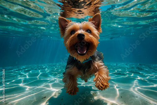 Yorkshire terrier diving underwater, funny dog underwater, summer mood concept, vacation, tropics, ocean. © Plutmaverick