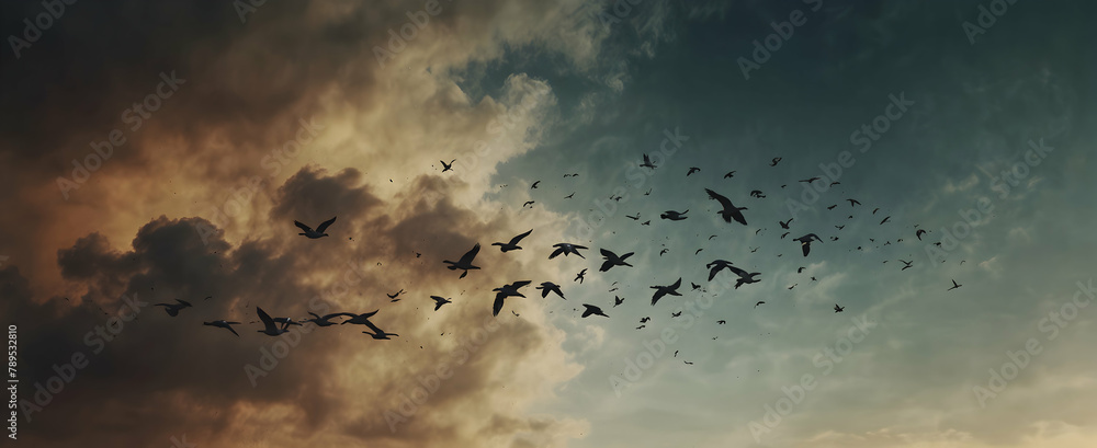 Smoky Skies: A Juxtaposition of Freedom and Pollution - A Flock of Geese Flying Through Smoke-Filled Skies in Close-Up Double Exposure