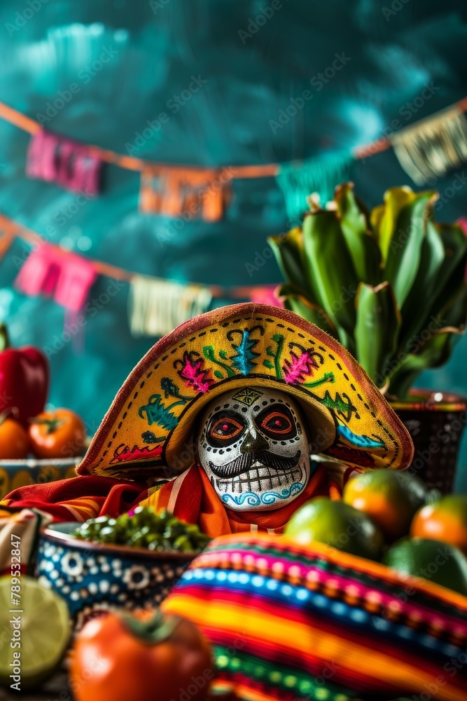 Skeleton Wearing Sombrero Surrounded by Fruit and Vegetables