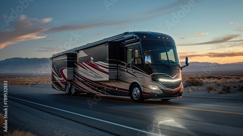 A new modern motorhome journeying on the drive. Experience luxury and comfort on wheels in this spacious mobile home adventure. photo