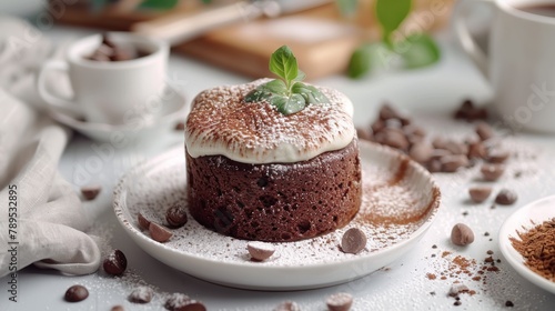 Elegant chocolate soufflé with creamy topping and a touch of green basil