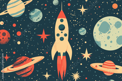 Retro space illustration with rocket and planets.
